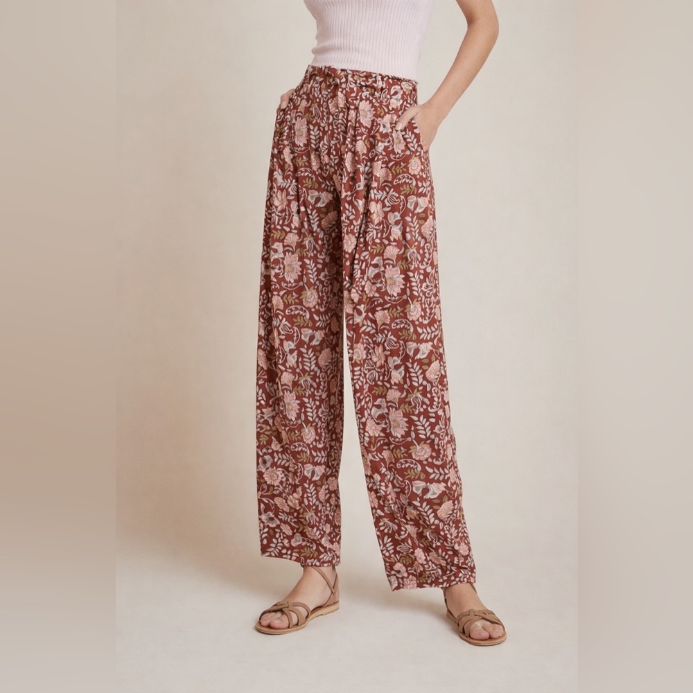 Anthropologie brown and pink Floral Wide Leg Pants boho cottagecore size small